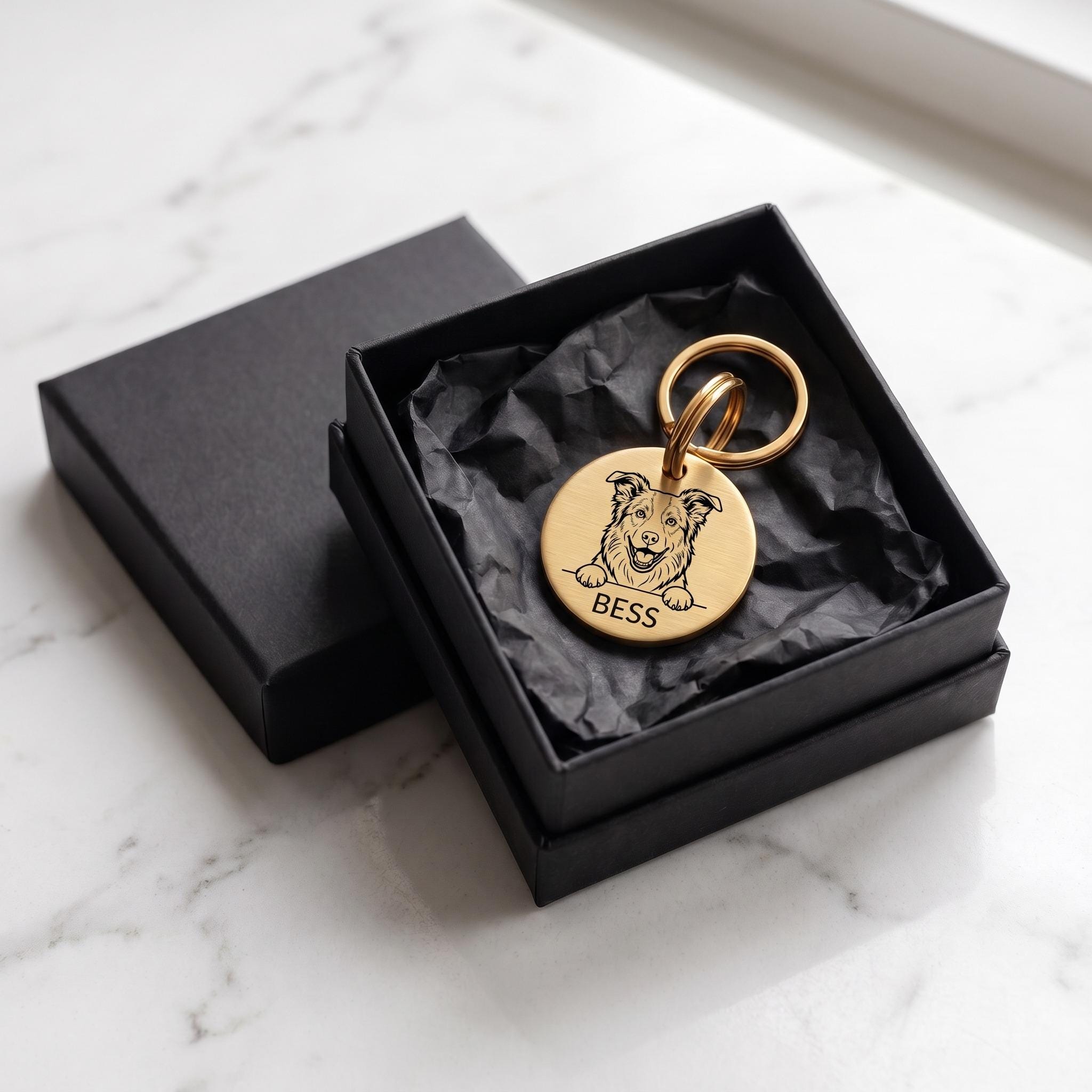 Personalised Border Collie dog tag presented in the optional gift box