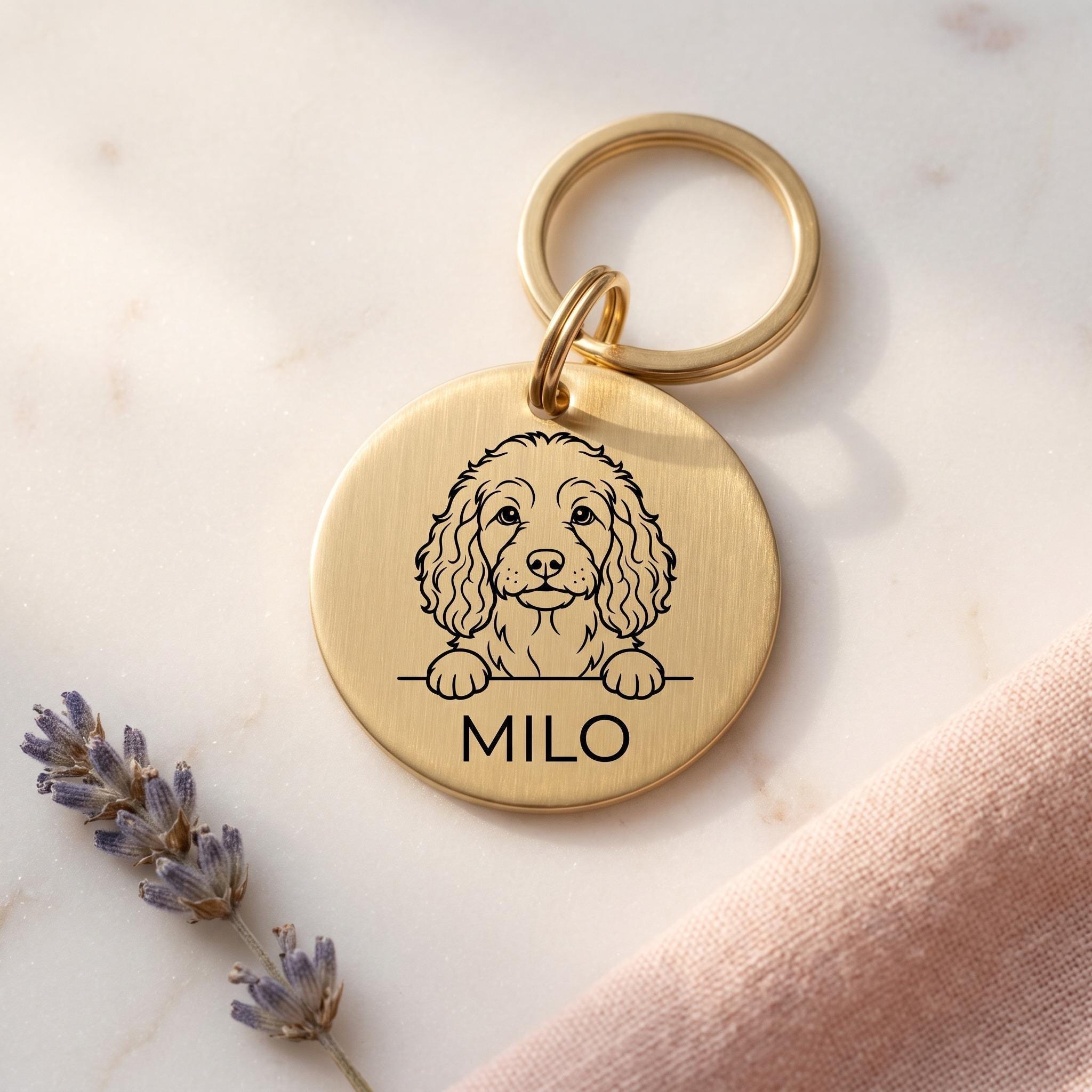 Gold Cockapoo dog tag engraved with the Cockapoo design and the name MILO