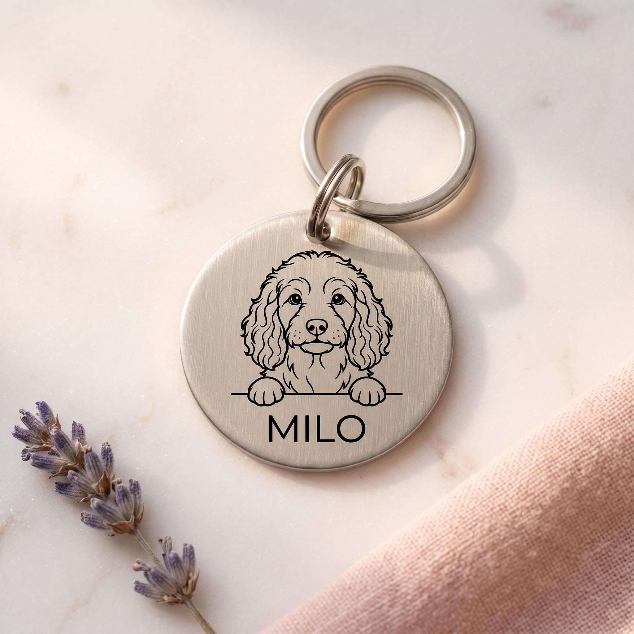 Silver personalised Cockapoo dog tag in brushed stainless steel