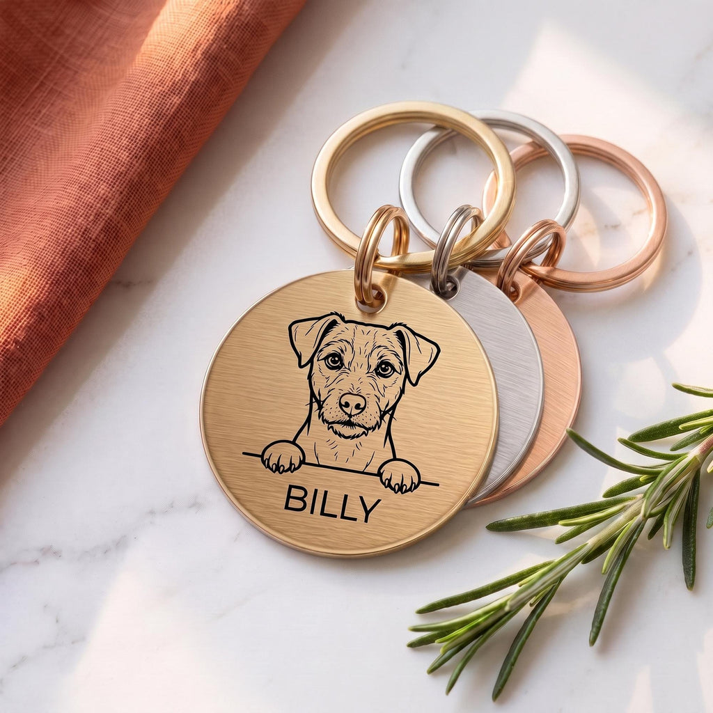 Personalised Jack Russell dog tags in gold, silver and rose gold, fanned to show all three brushed finishes