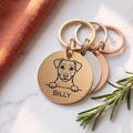 Personalised Jack Russell dog tags in gold, silver and rose gold, fanned to show all three brushed finishes
