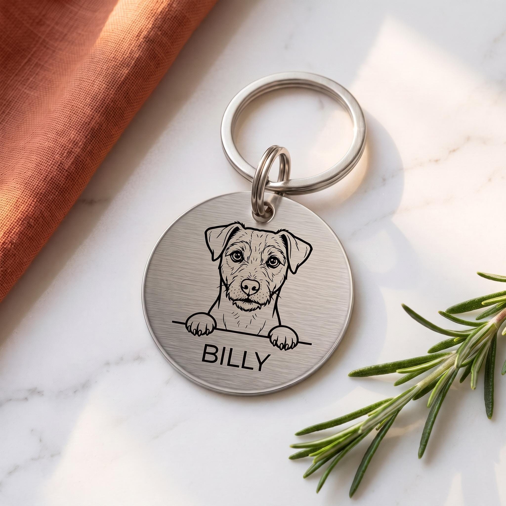 Silver personalised Jack Russell dog tag in brushed stainless steel