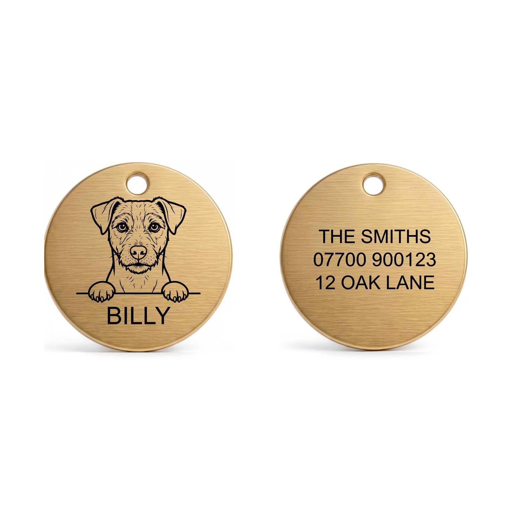 Front and back of the Jack Russell dog tag: breed design and name on the front, contact details on the back