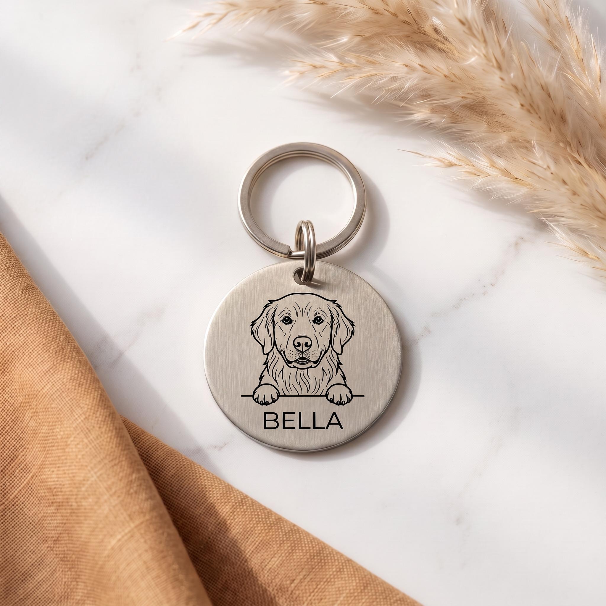 Silver personalised Golden Retriever dog tag in brushed stainless steel