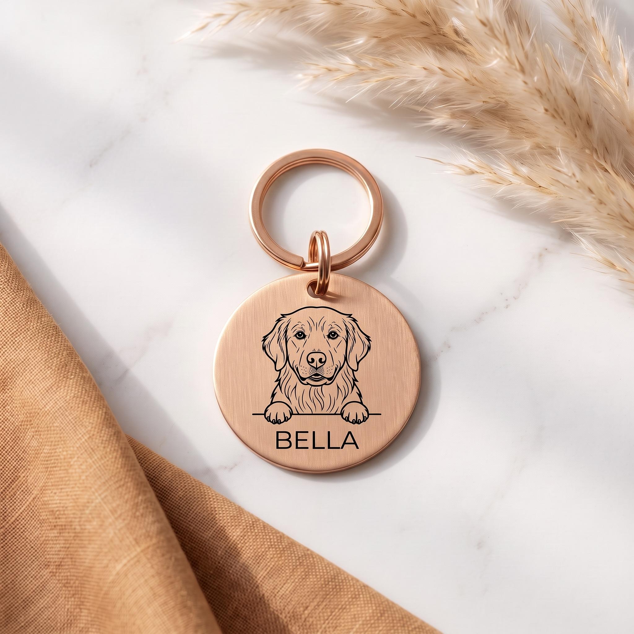 Rose gold personalised Golden Retriever dog tag in brushed stainless steel