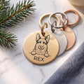 Personalised German Shepherd dog tags in gold, silver and rose gold, fanned to show all three brushed finishes