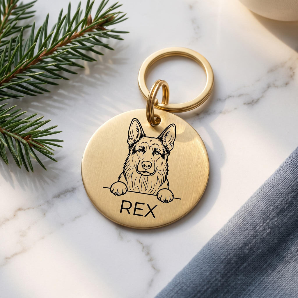 Gold German Shepherd dog tag engraved with the German Shepherd design and the name REX