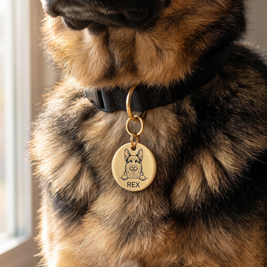German Shepherd wearing the personalised German Shepherd dog tag on its collar