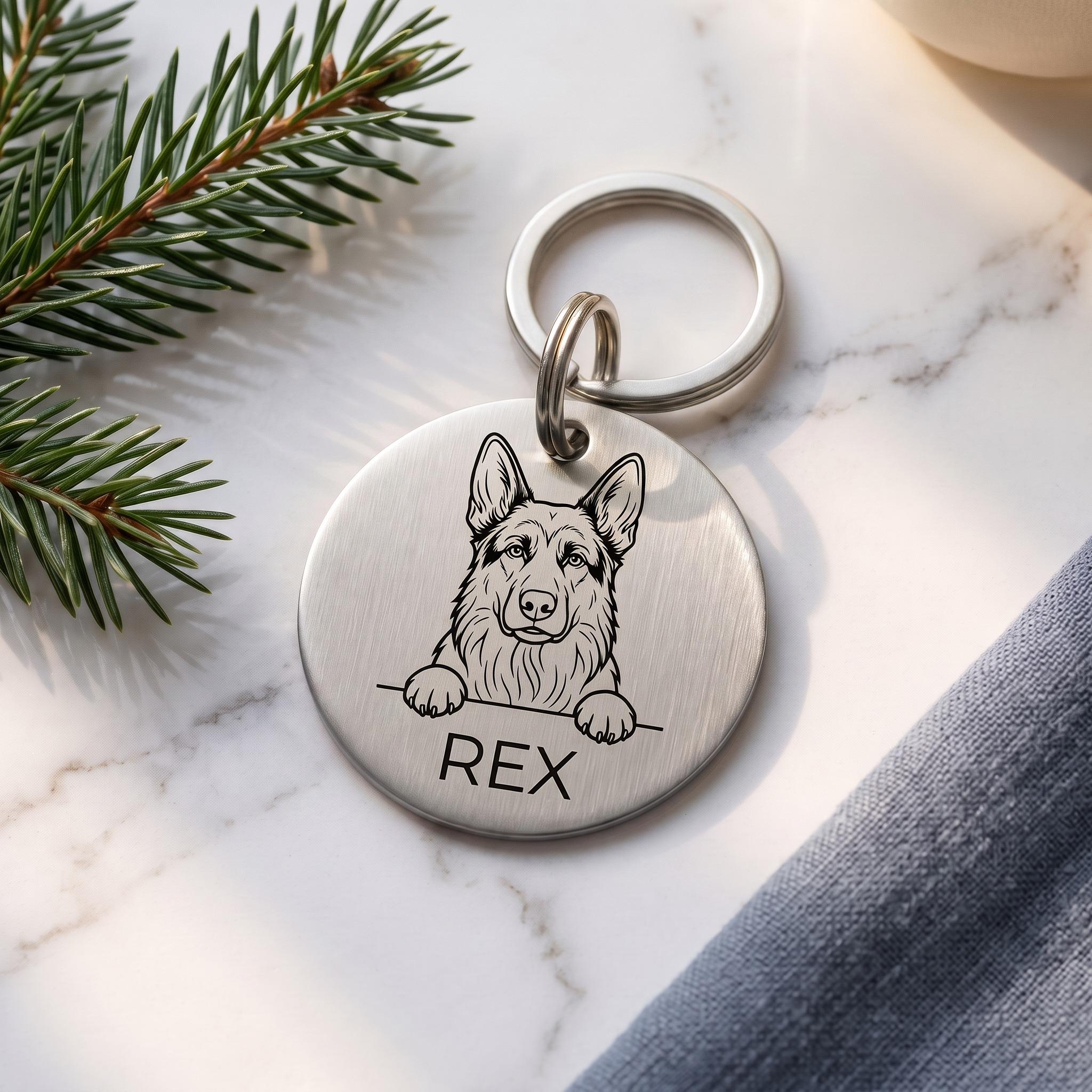 Silver personalised German Shepherd dog tag in brushed stainless steel