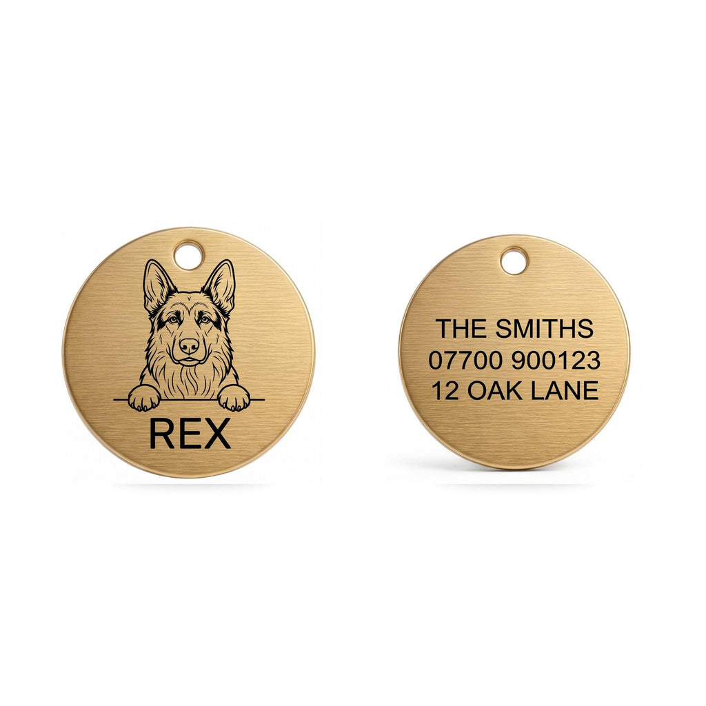 Front and back of the German Shepherd dog tag: breed design and name on the front, contact details on the back