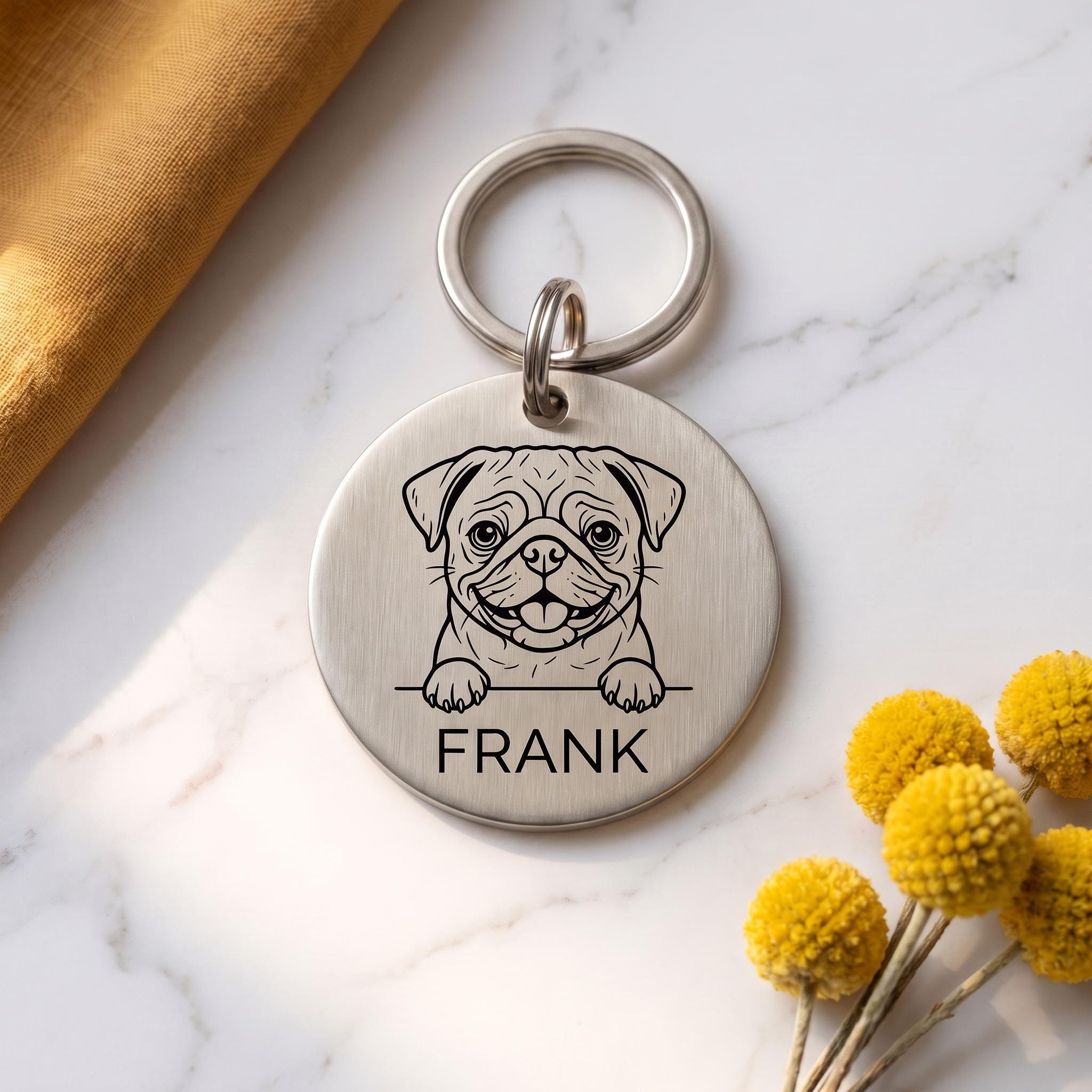 Silver personalised Pug dog tag in brushed stainless steel