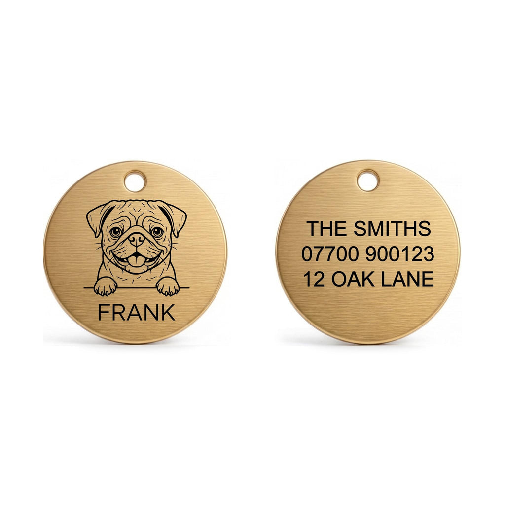 Front and back of the Pug dog tag: breed design and name on the front, contact details on the back