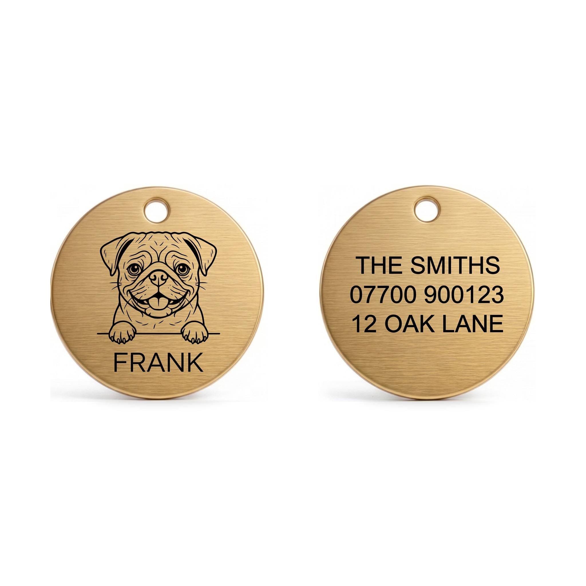 Front and back of the Pug dog tag: breed design and name on the front, contact details on the back