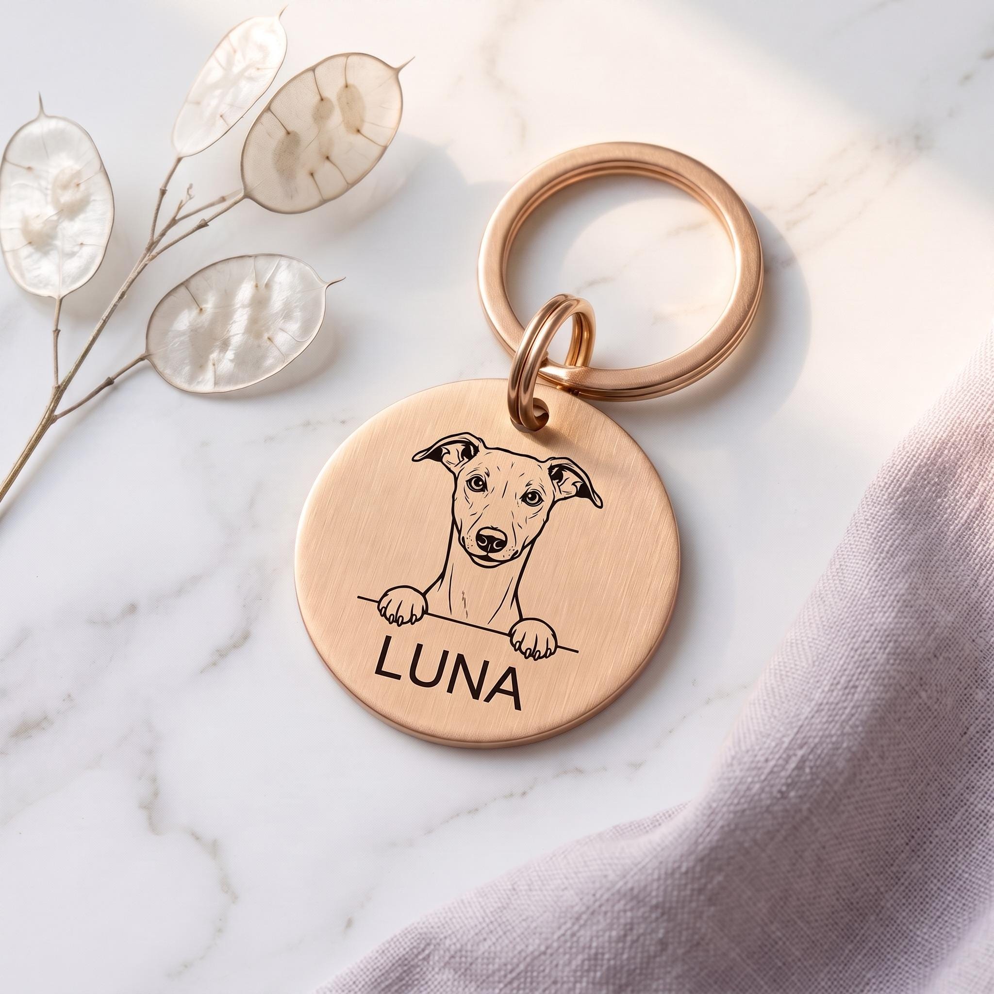 Rose gold personalised Whippet dog tag in brushed stainless steel