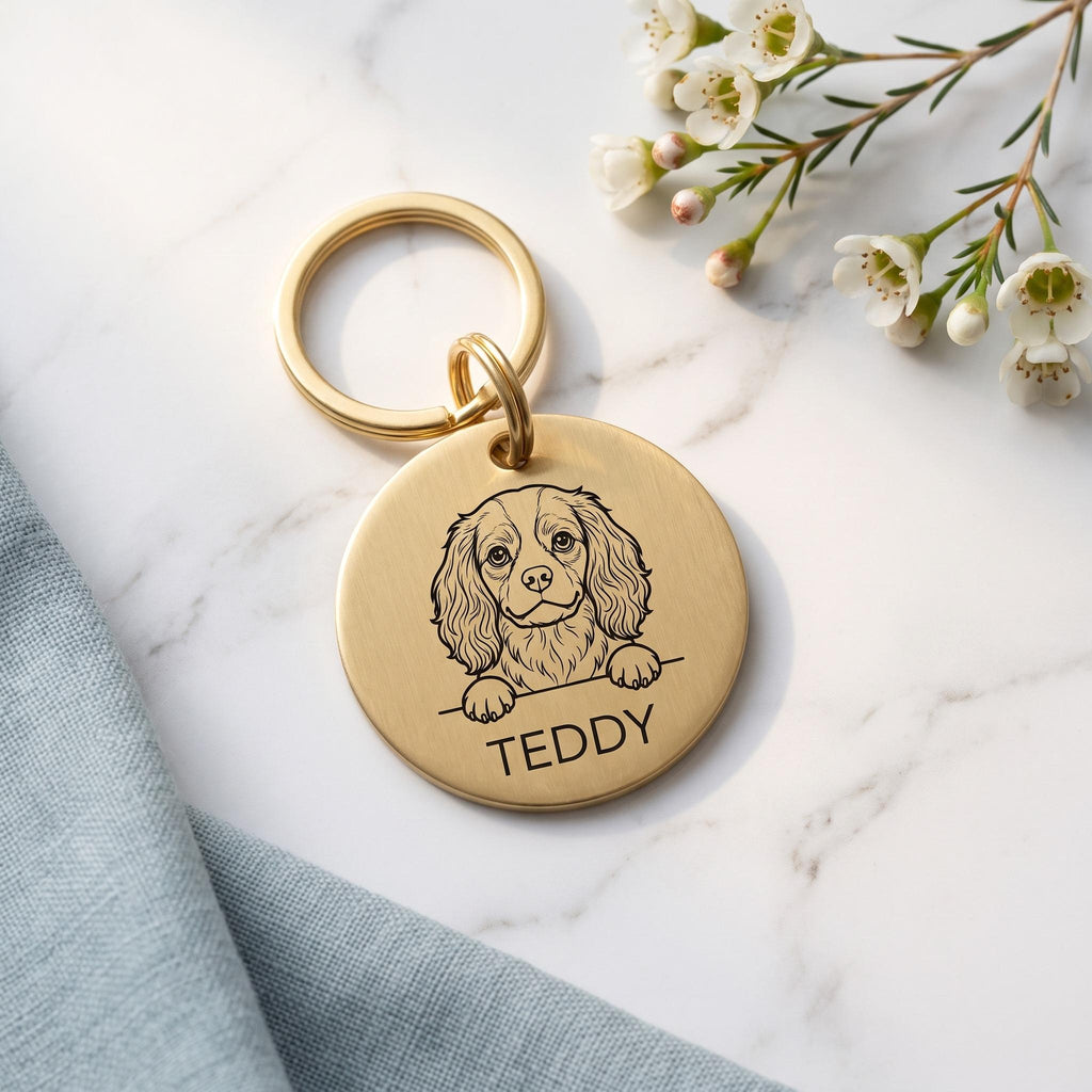 Gold Cavalier King Charles dog tag engraved with the Cavalier King Charles design and the name TEDDY