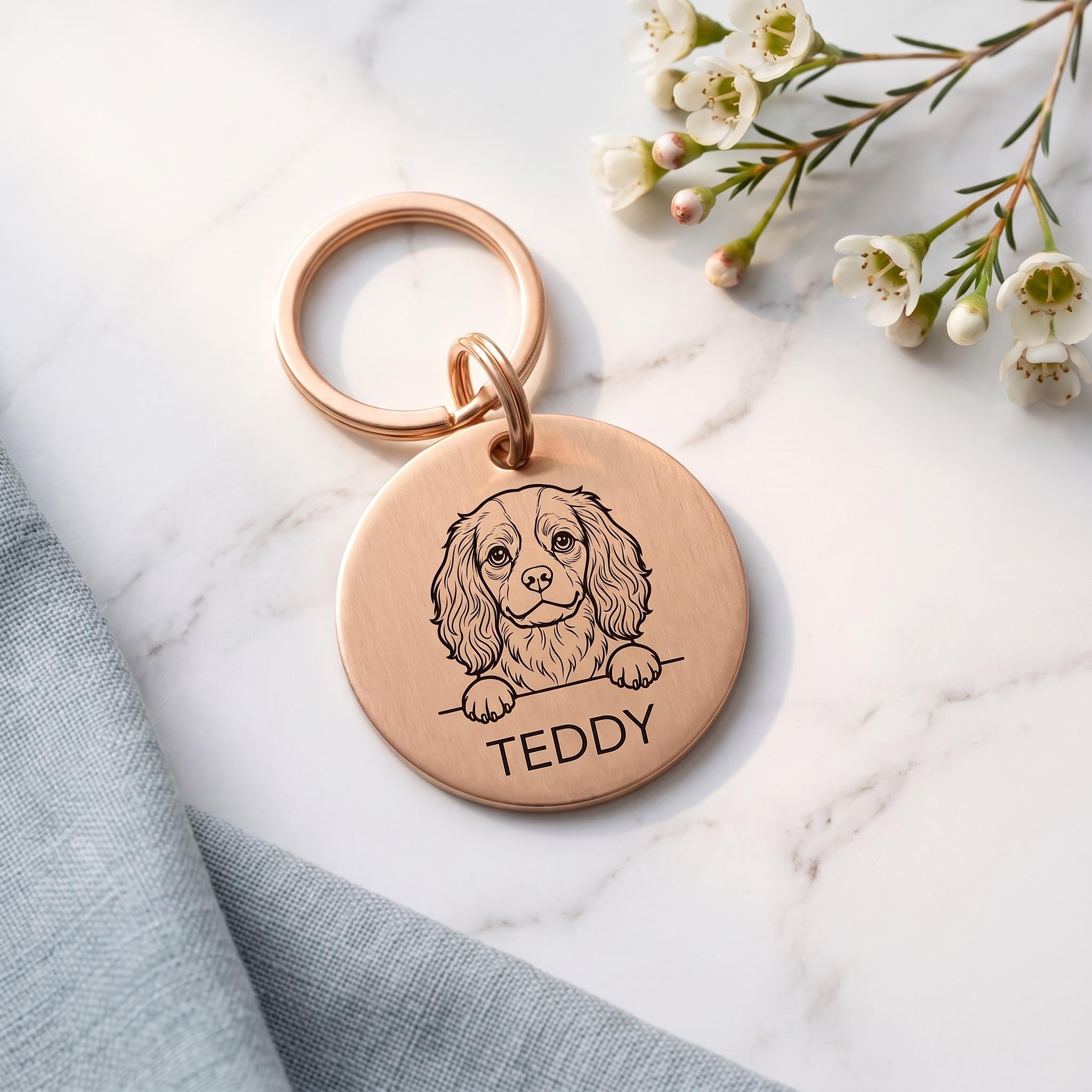 Rose gold personalised Cavalier King Charles dog tag in brushed stainless steel
