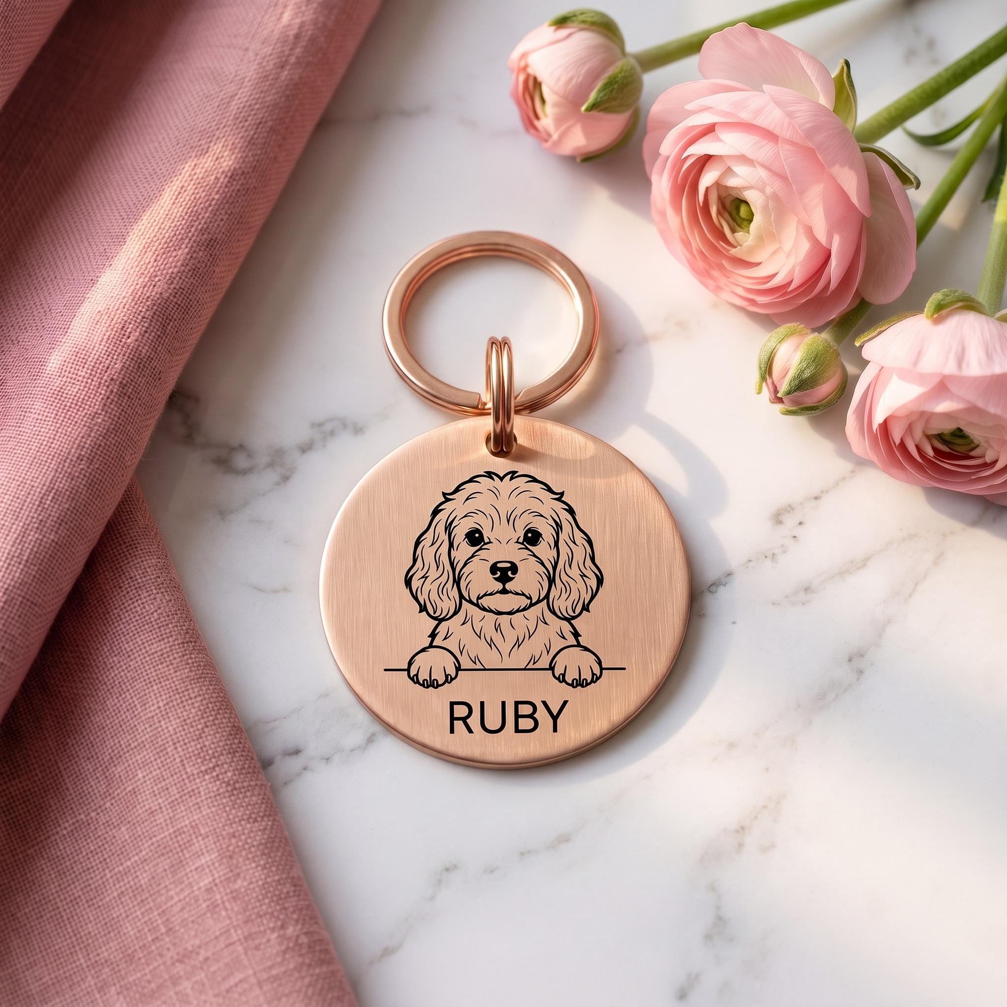 Rose gold personalised Cavapoo dog tag in brushed stainless steel