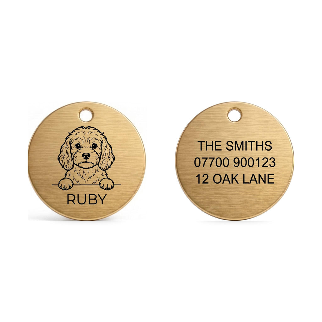Front and back of the Cavapoo dog tag: breed design and name on the front, contact details on the back