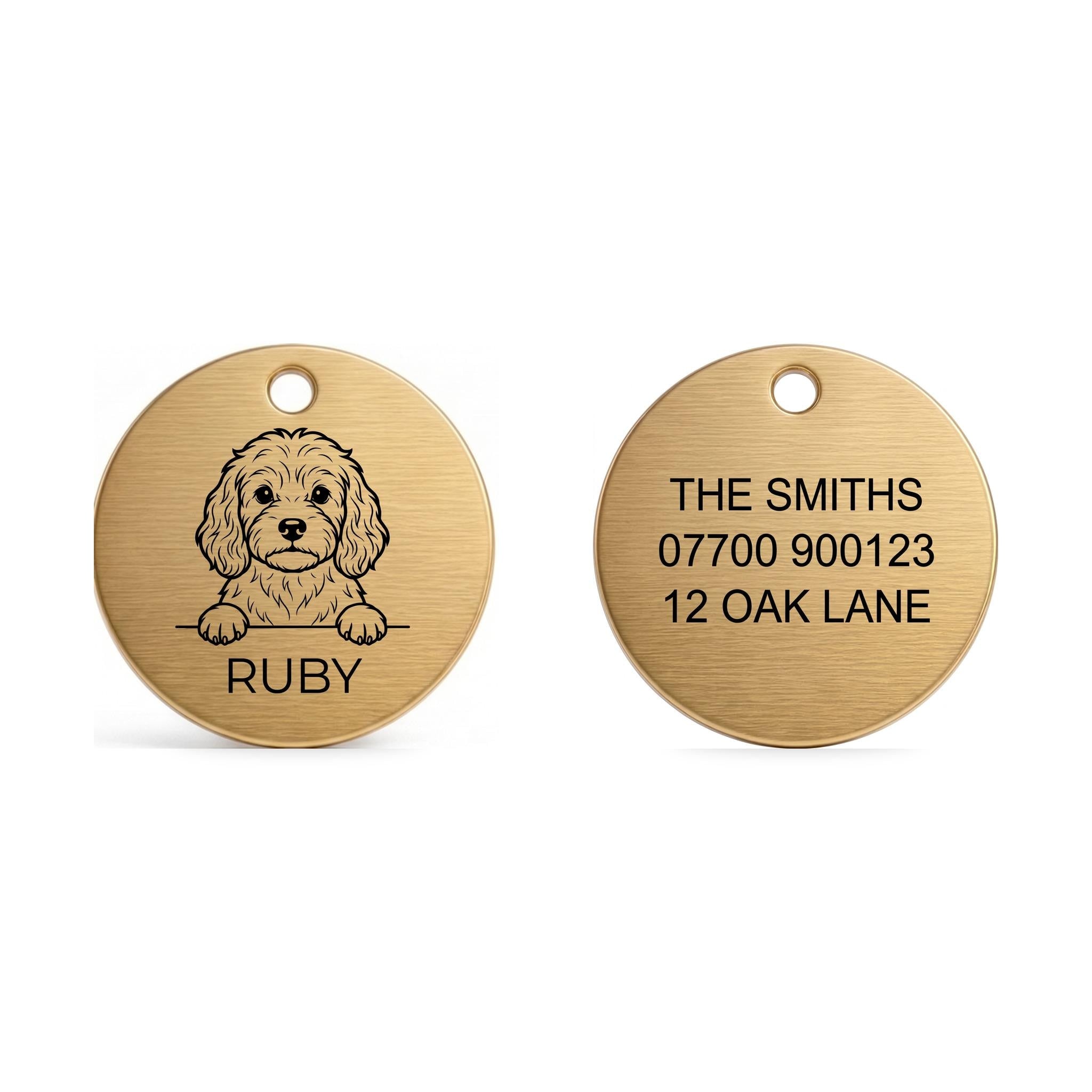 Front and back of the Cavapoo dog tag: breed design and name on the front, contact details on the back