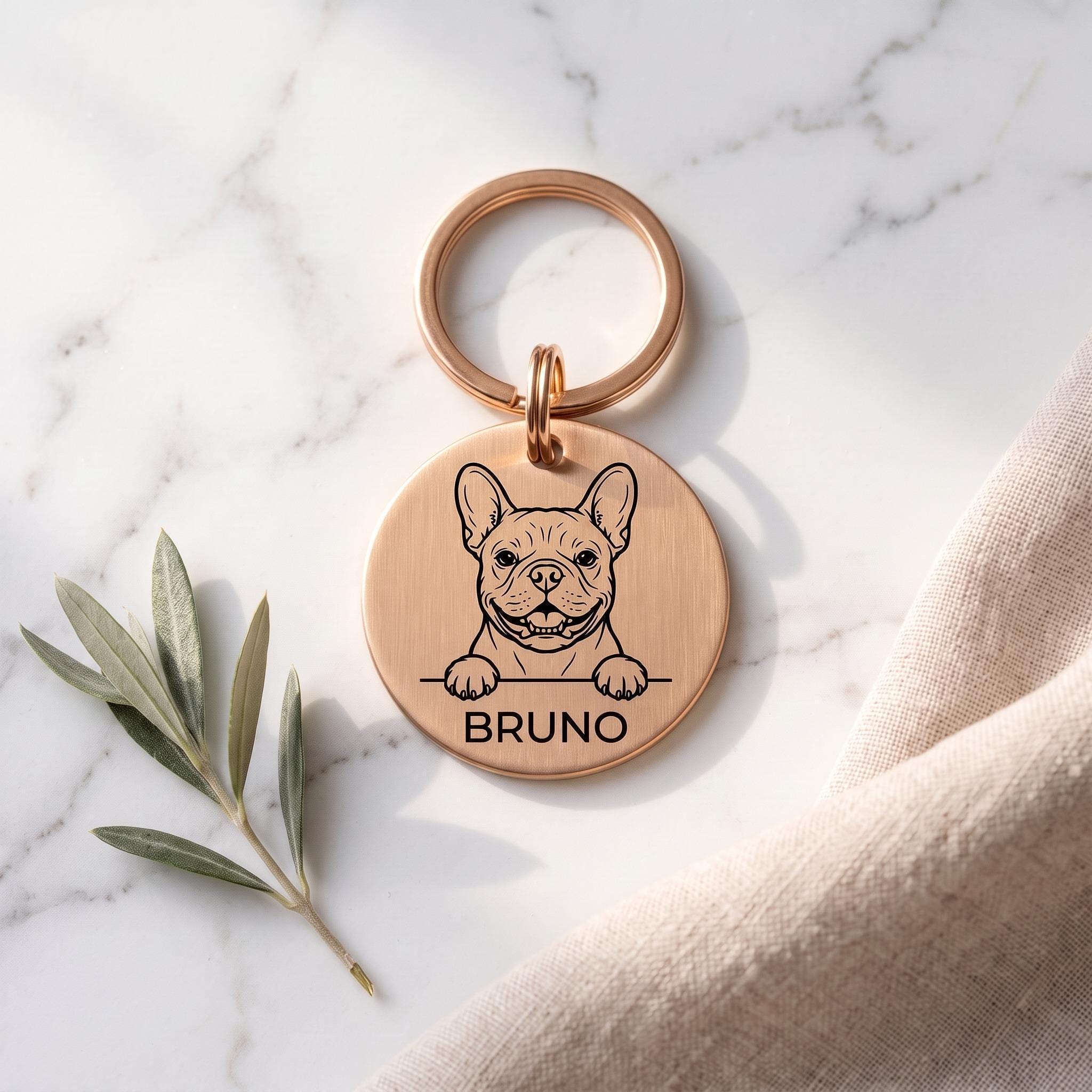 Rose gold personalised French Bulldog dog tag in brushed stainless steel