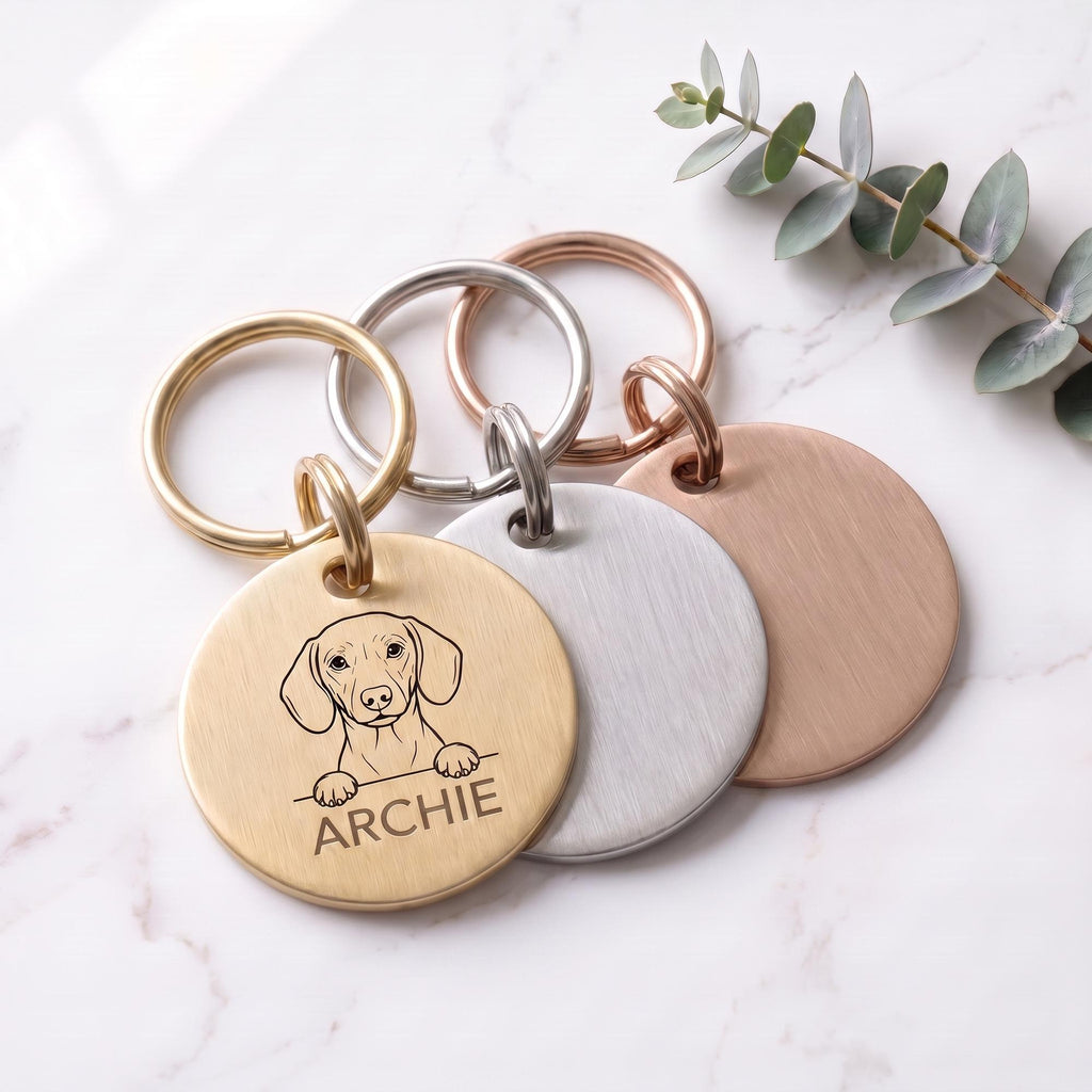 Personalised Dachshund dog tags in gold, silver and rose gold, fanned to show all three brushed finishes