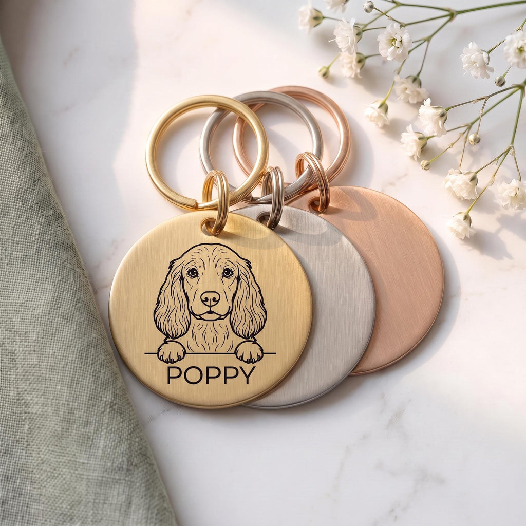 Personalised Cocker Spaniel dog tags in gold, silver and rose gold, fanned to show all three brushed finishes