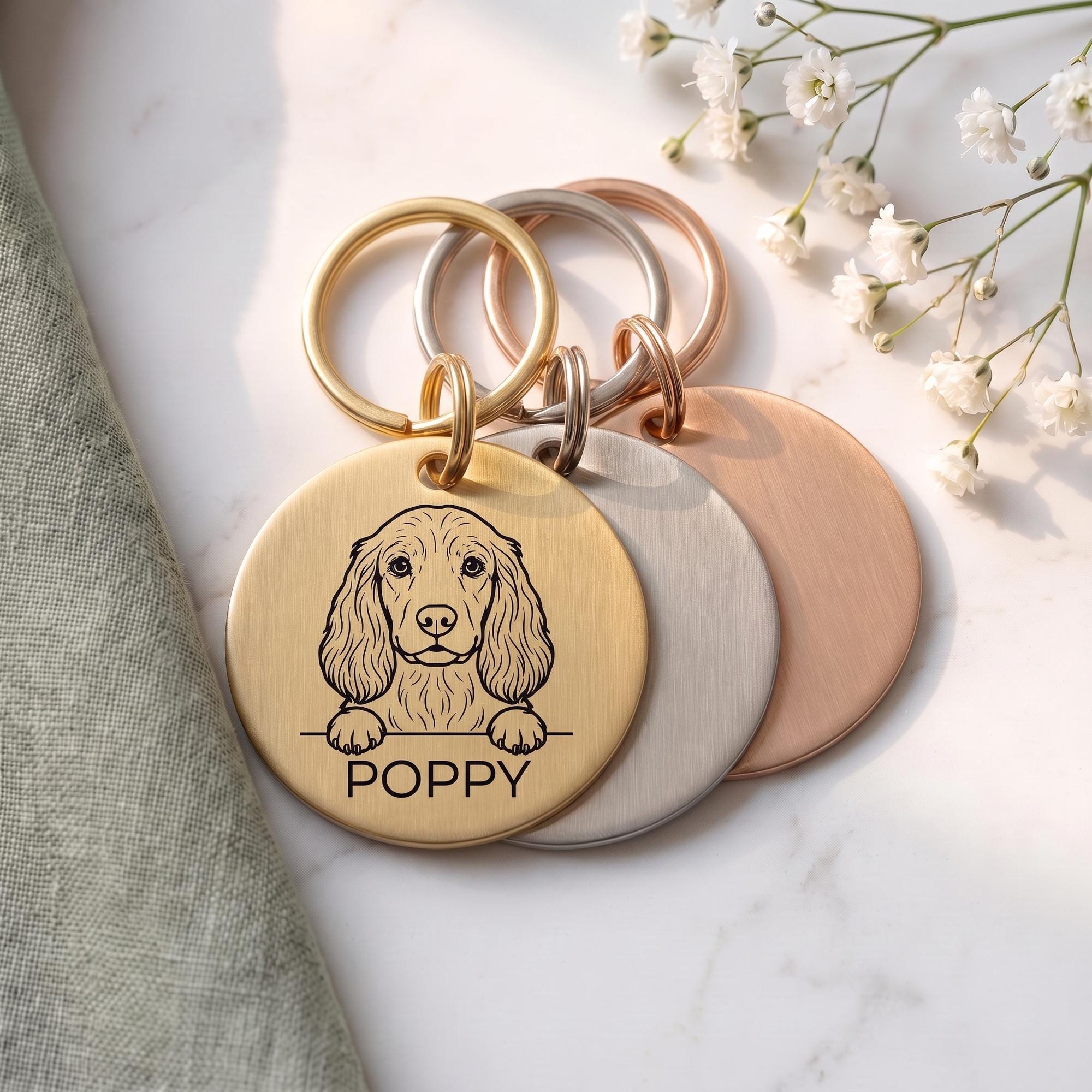 Personalised Cocker Spaniel dog tags in gold, silver and rose gold, fanned to show all three brushed finishes