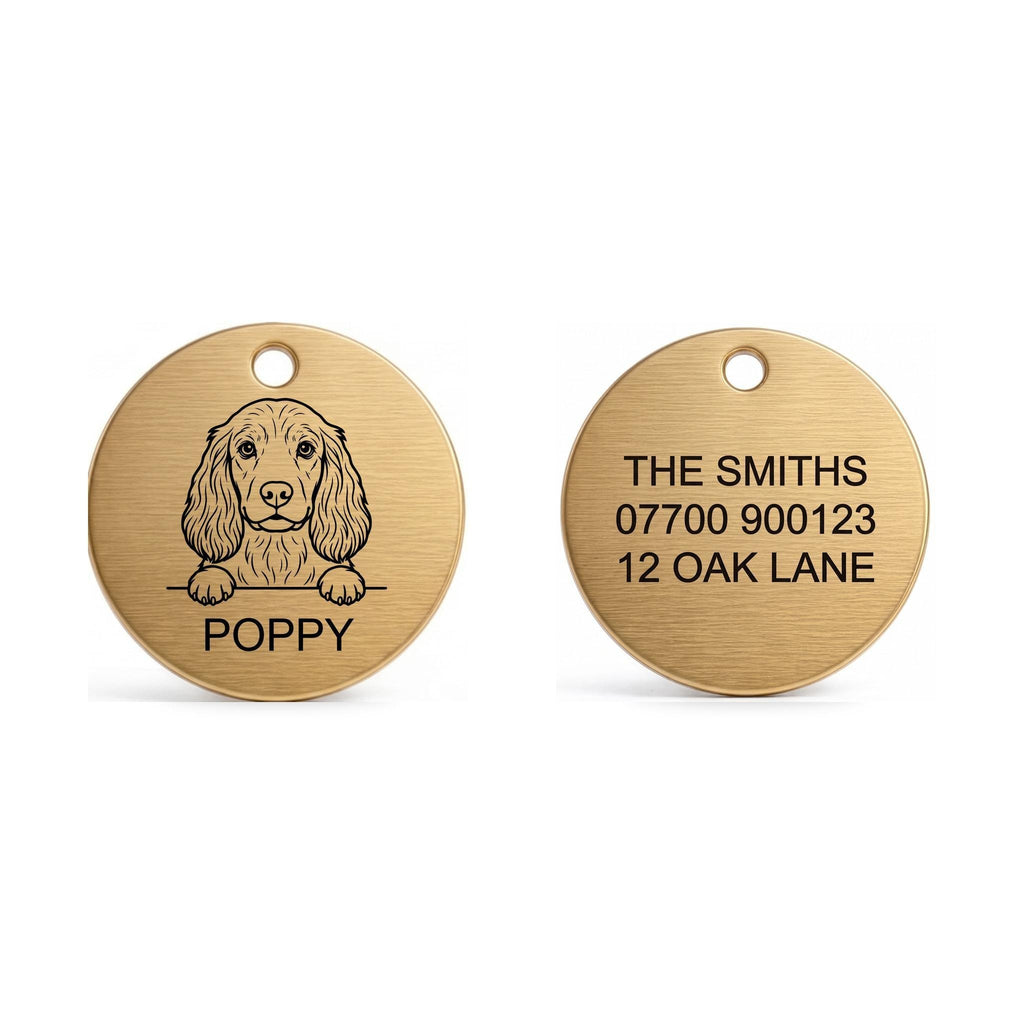 Front and back of the Cocker Spaniel dog tag: breed design and name on the front, contact details on the back