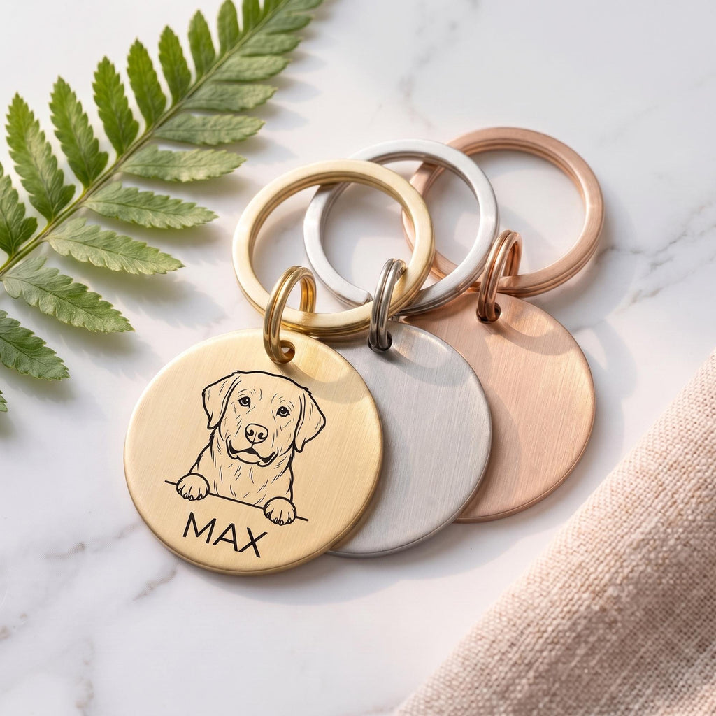 Personalised Labrador dog tags in gold, silver and rose gold, fanned to show all three brushed finishes