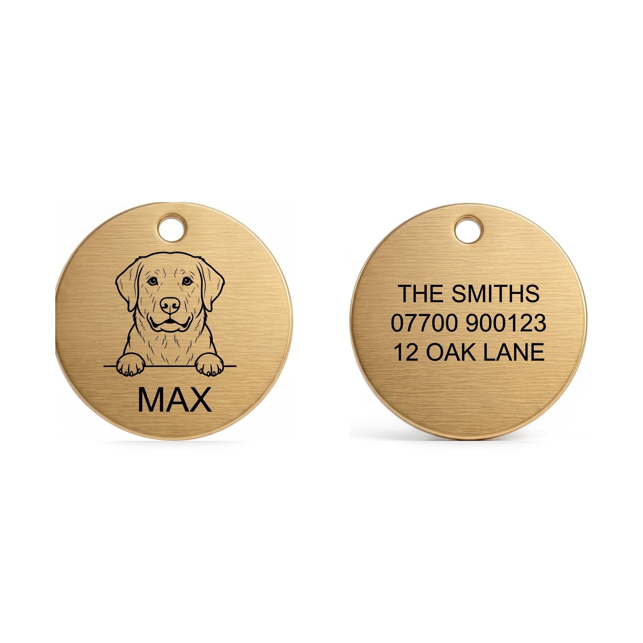 Front and back of the Labrador dog tag: breed design and name on the front, contact details on the back