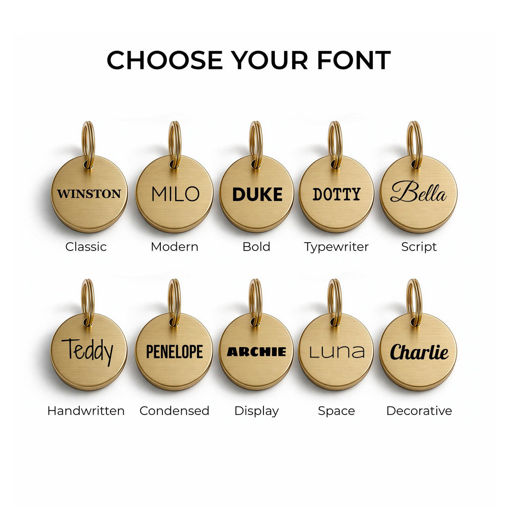 The ten engraving fonts available for the personalised Labrador dog tag