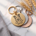 Personalised Border Collie dog tags in gold, silver and rose gold, fanned to show all three brushed finishes