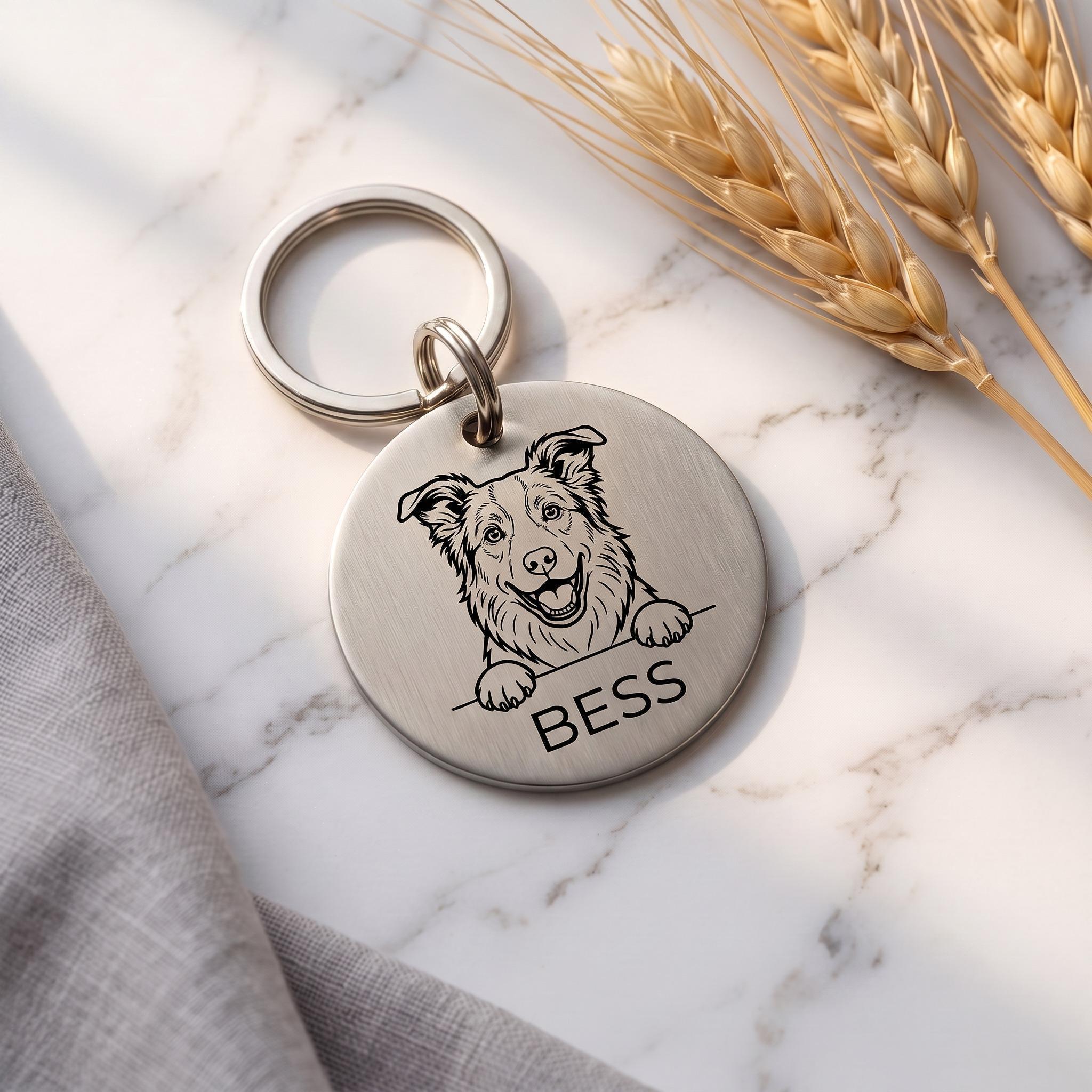 Silver personalised Border Collie dog tag in brushed stainless steel
