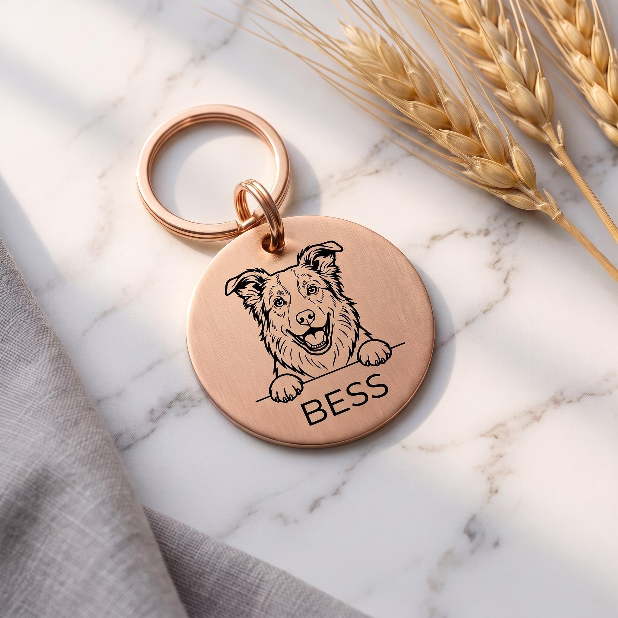 Rose gold personalised Border Collie dog tag in brushed stainless steel
