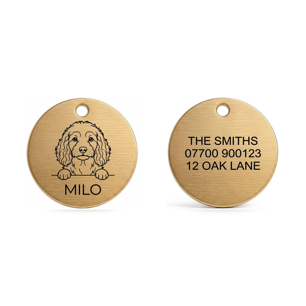 Front and back of the Cockapoo dog tag: breed design and name on the front, contact details on the back