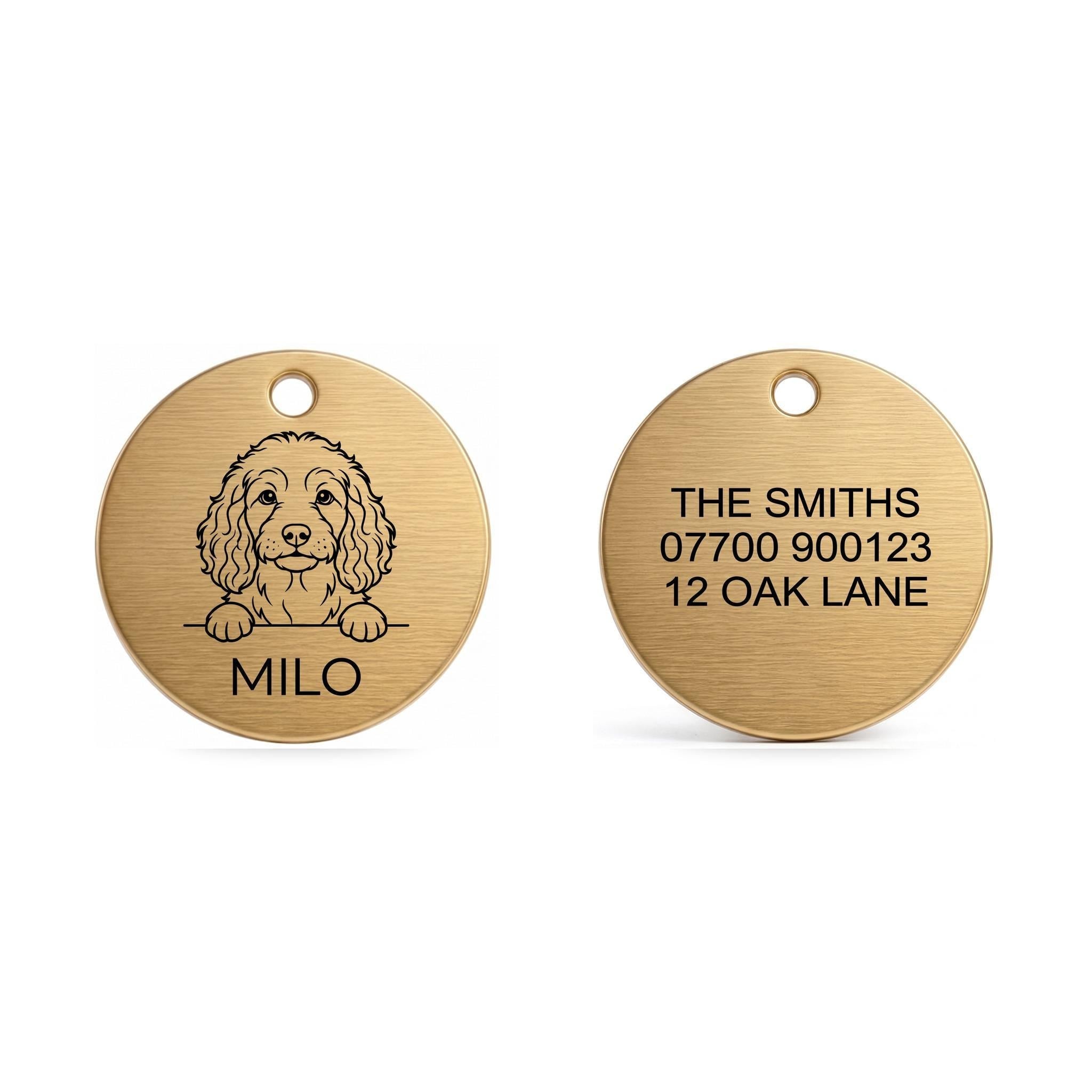 Front and back of the Cockapoo dog tag: breed design and name on the front, contact details on the back