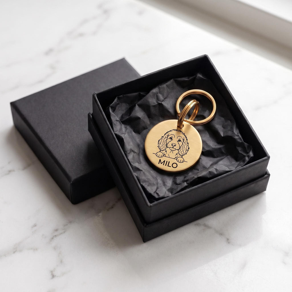 Personalised Cockapoo dog tag presented in the optional gift box