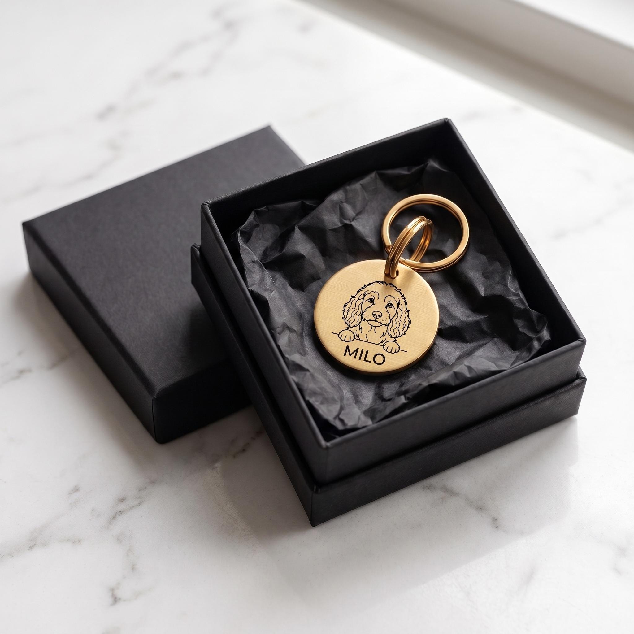 Personalised Cockapoo dog tag presented in the optional gift box