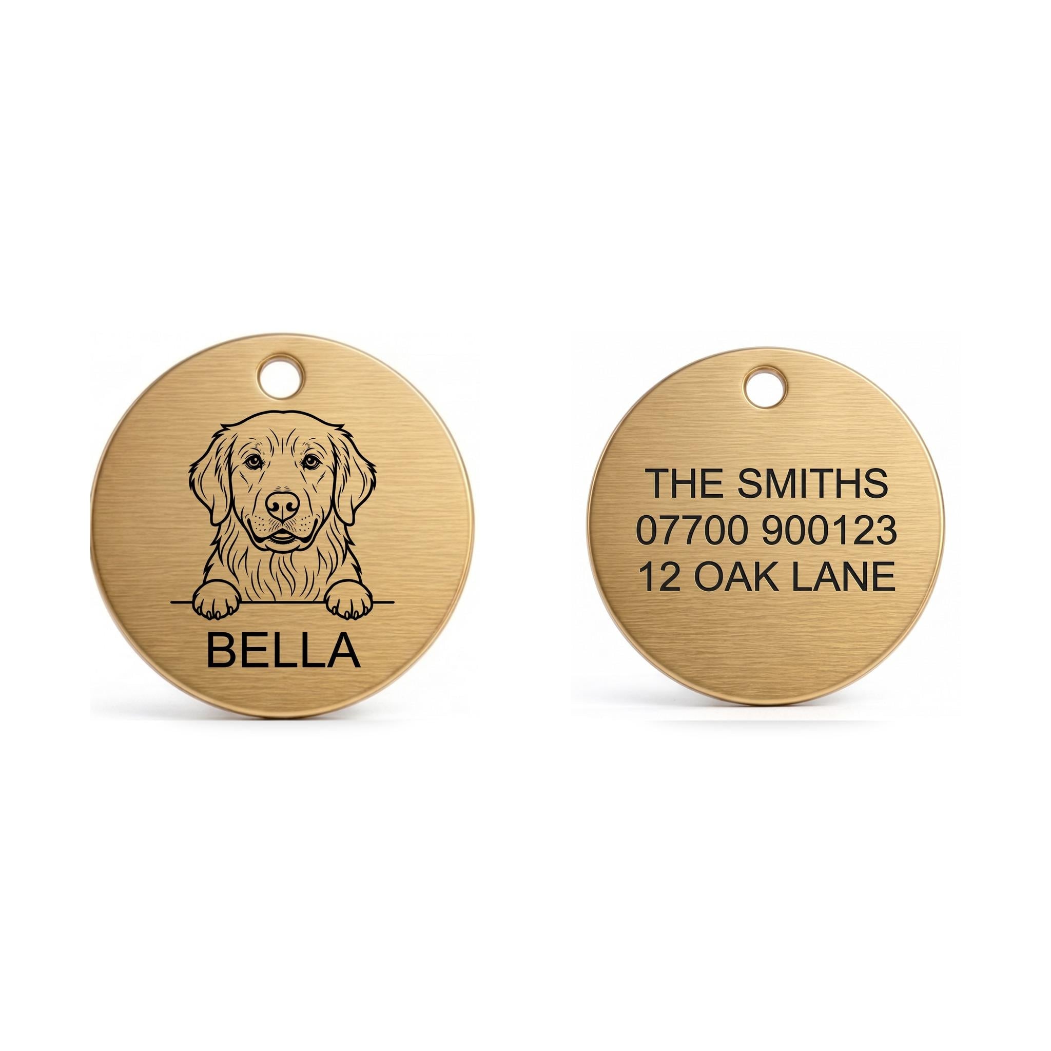 Front and back of the Golden Retriever dog tag: breed design and name on the front, contact details on the back