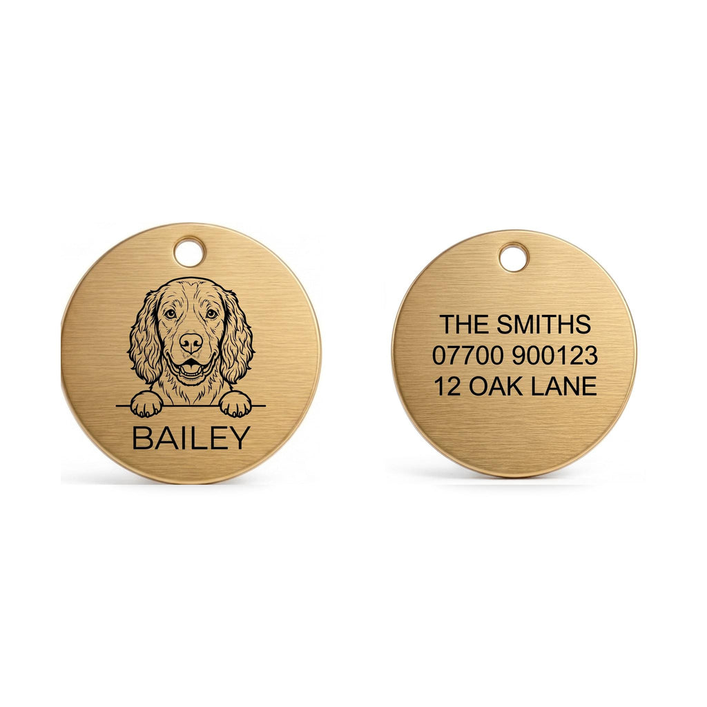 Front and back of the Springer Spaniel dog tag: breed design and name on the front, contact details on the back