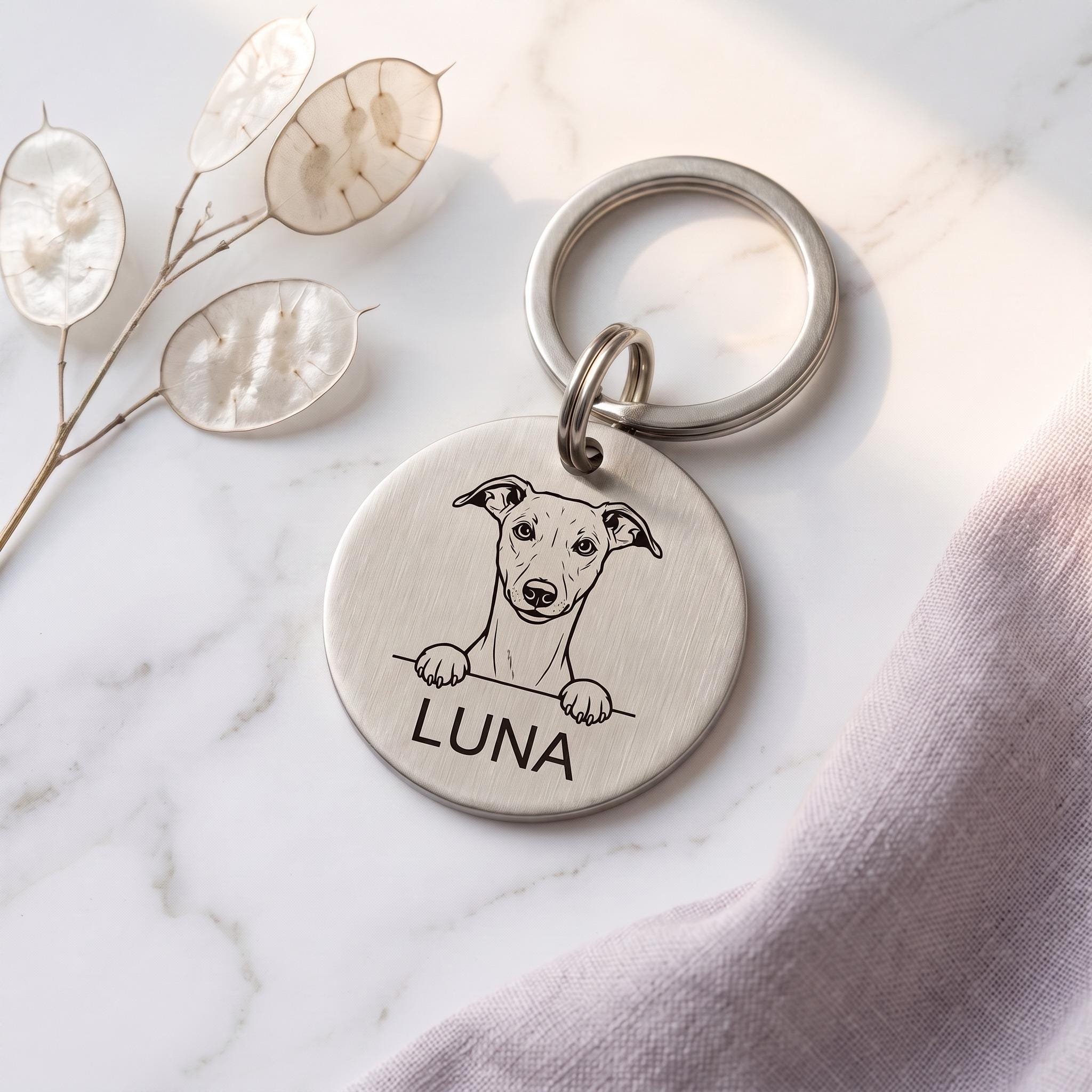 Silver personalised Whippet dog tag in brushed stainless steel