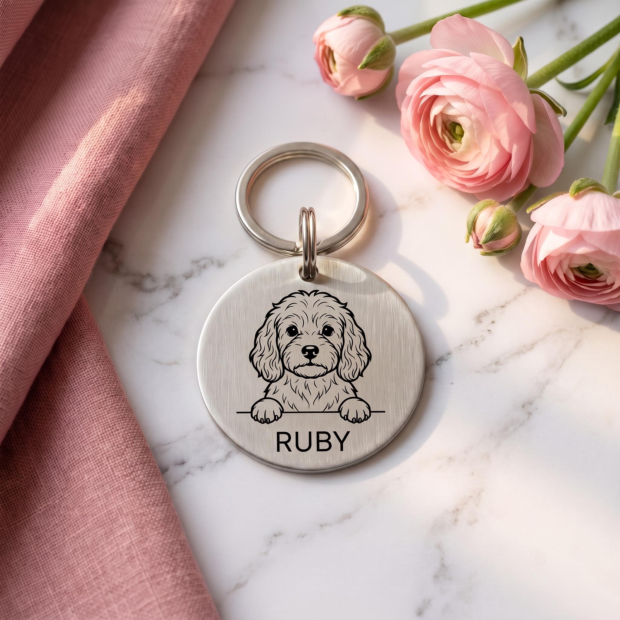 Silver personalised Cavapoo dog tag in brushed stainless steel
