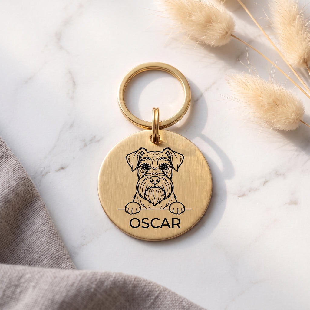 Gold Miniature Schnauzer dog tag engraved with the Miniature Schnauzer design and the name OSCAR