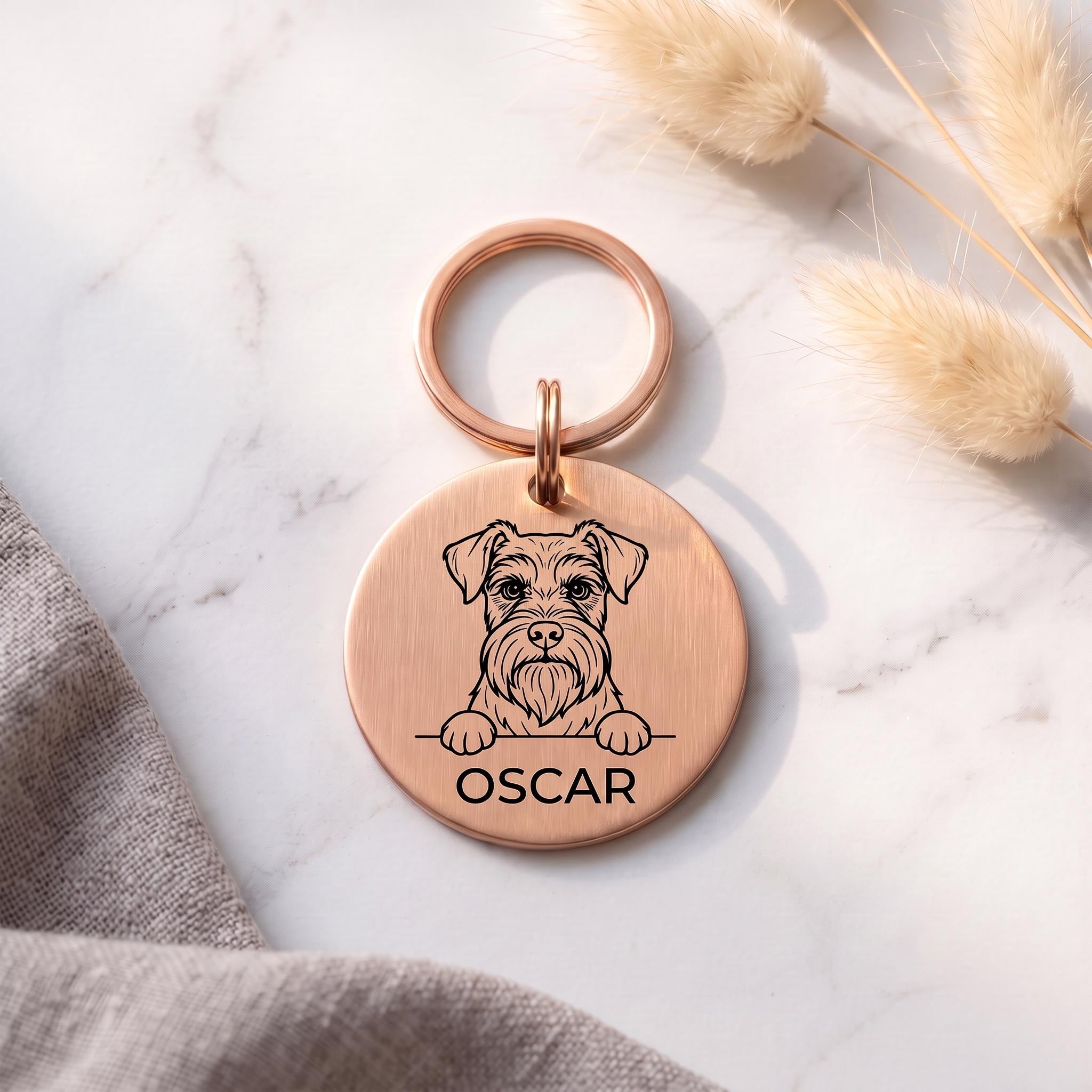 Rose gold personalised Miniature Schnauzer dog tag in brushed stainless steel