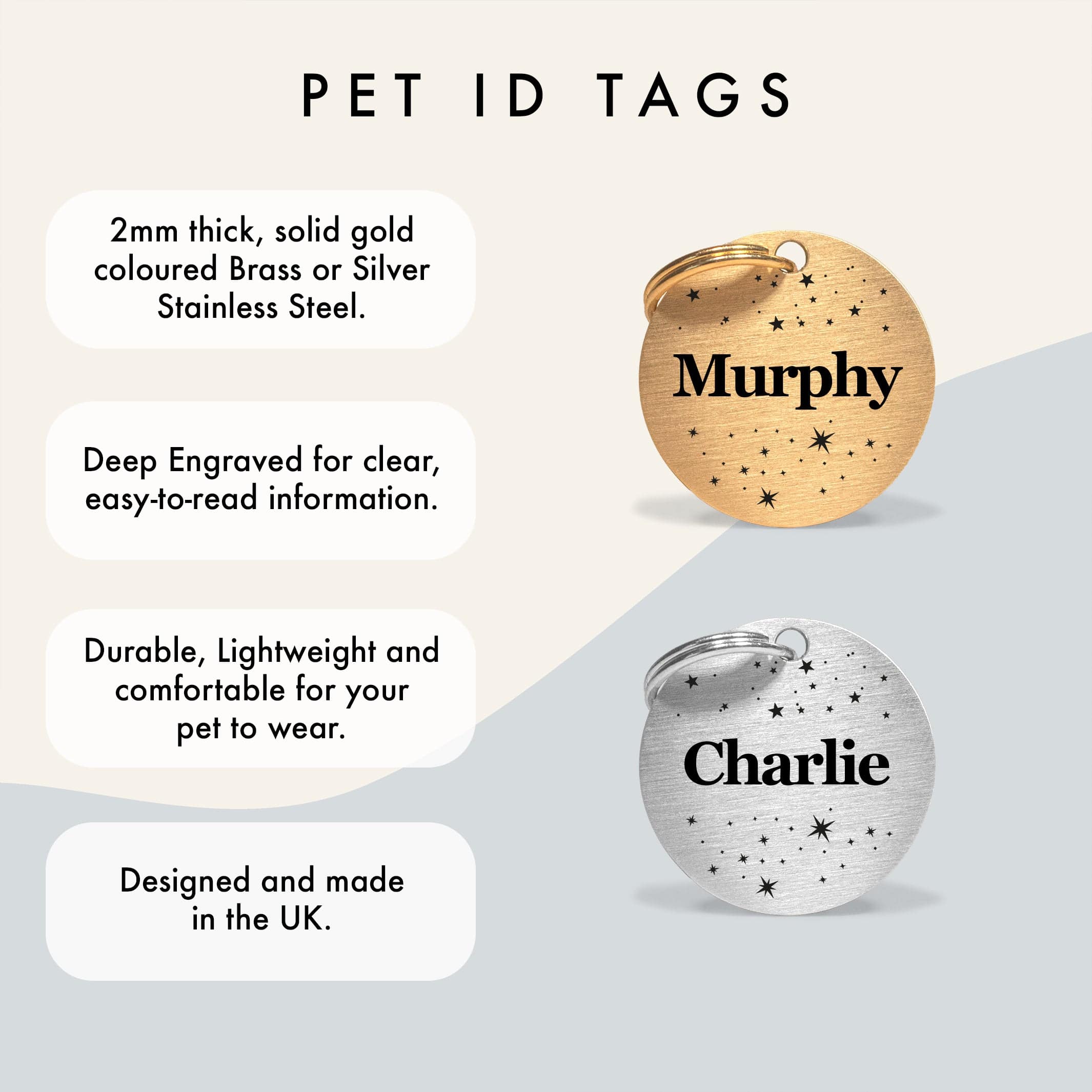 Gold-Tone Brass Personalised Dog Collar Tag with Custom Engraved Pet Name and Stars The Stately Hound