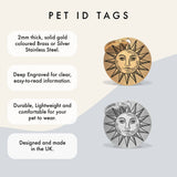 Personalised Brass Dog ID Tag with Engraved Sun Design and Contact Details The Stately Hound