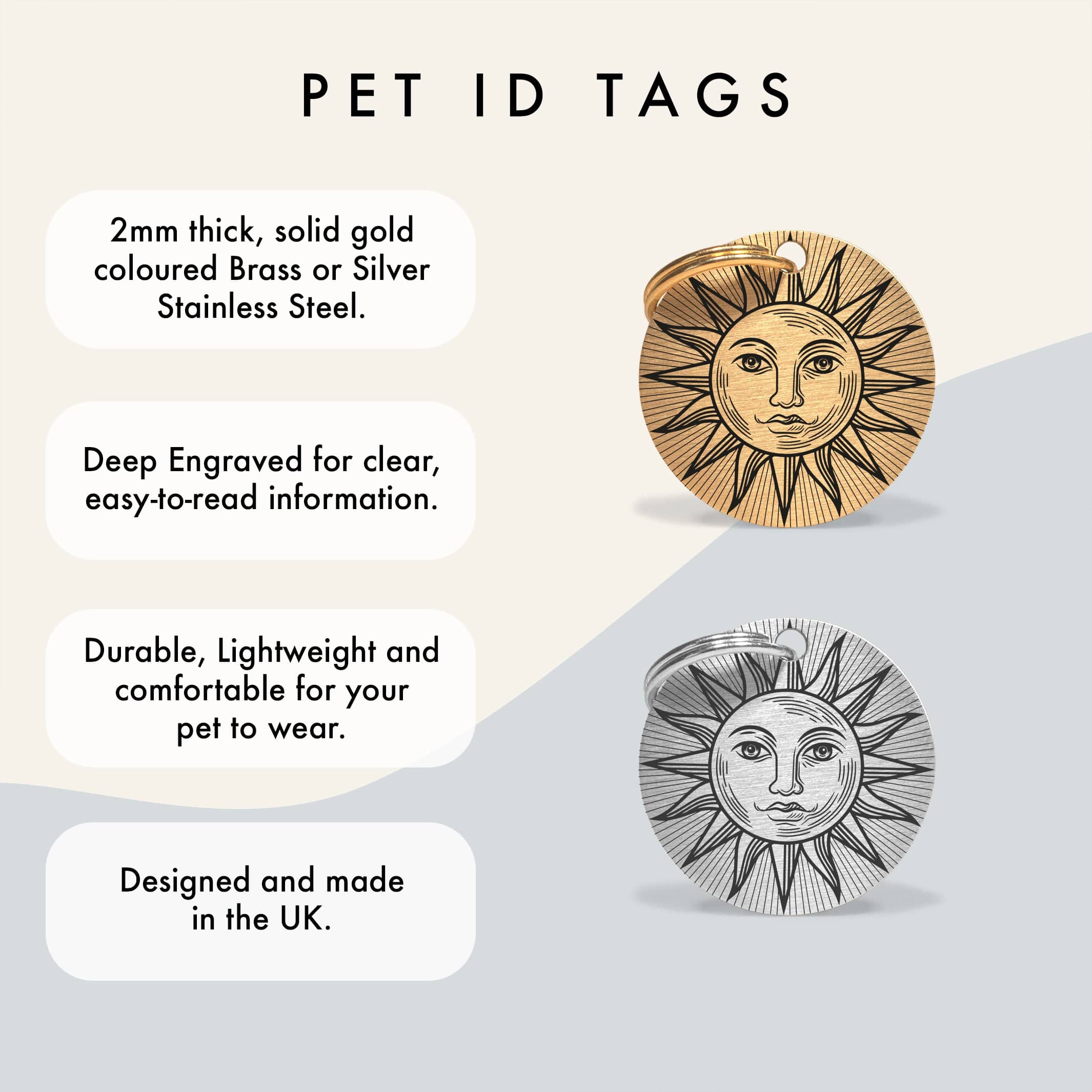 Personalised Silver Dog ID Tag with Engraved Sun Design and Contact Details The Stately Hound