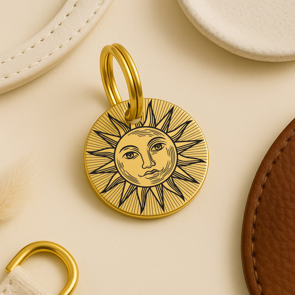 Personalised Brass Dog ID Tag with Engraved Sun Design and Contact Details