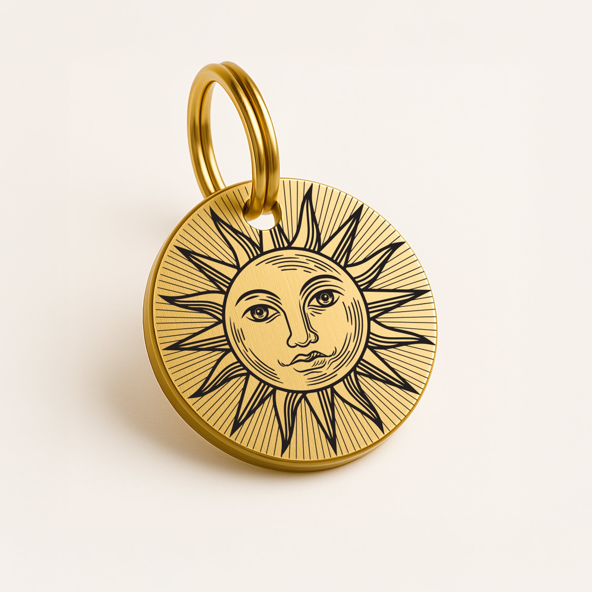 Personalised Brass Dog ID Tag with Engraved Sun Design and Contact Details