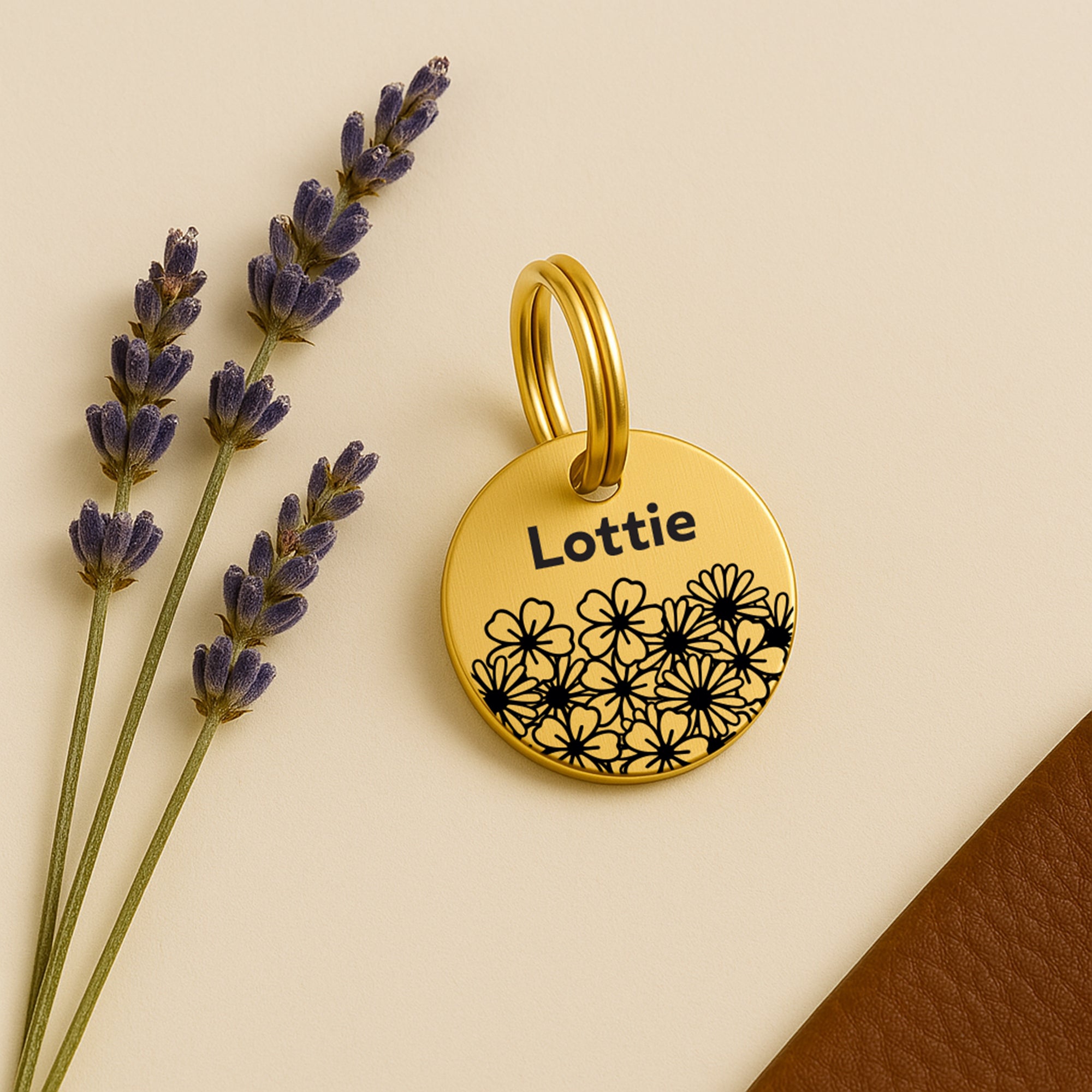 Personalised Brass Pet Tag with Daisy Design The Stately Hound